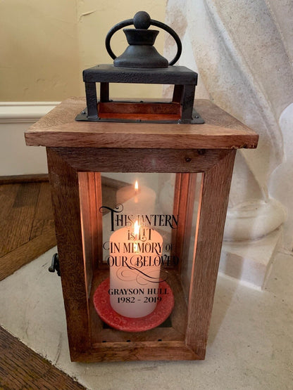 Solid Wood Outdoor Memorial Lantern With Wax Candle.