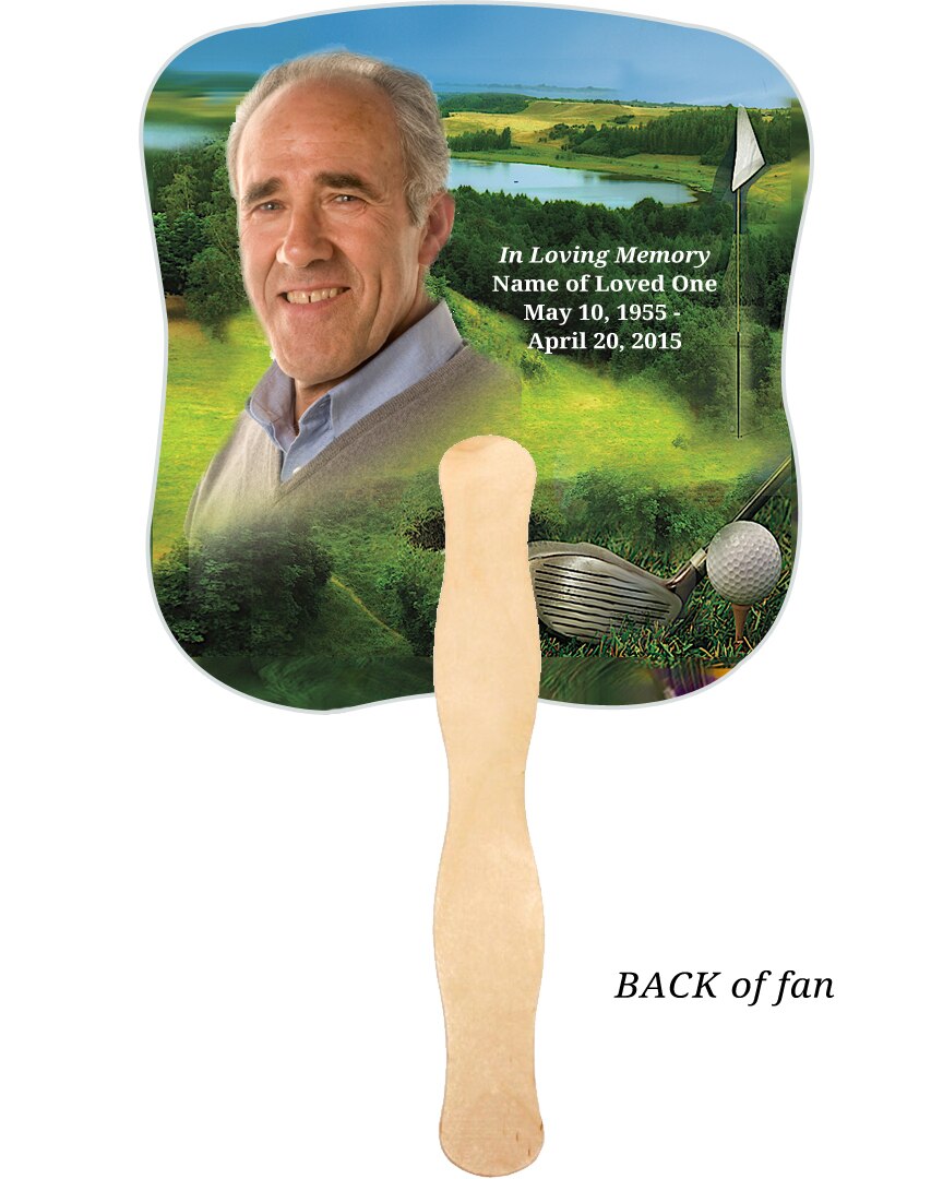 Golfer Cardstock Memorial Fan With Wooden Handle (Pack of 10).