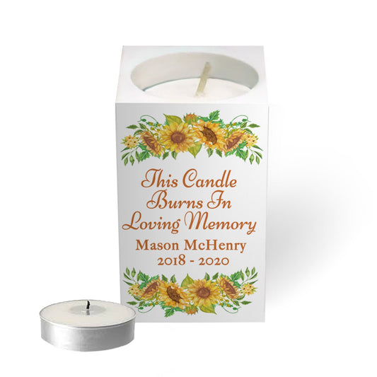 Sunflowers Personalized Mini Memorial Tea Light Candle Holder.