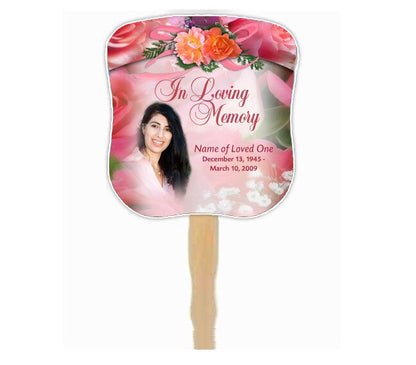 Rosy Cardstock Memorial Fan With Wooden Handle (Pack of 10).