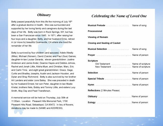 Butterfly Funeral Program Template.