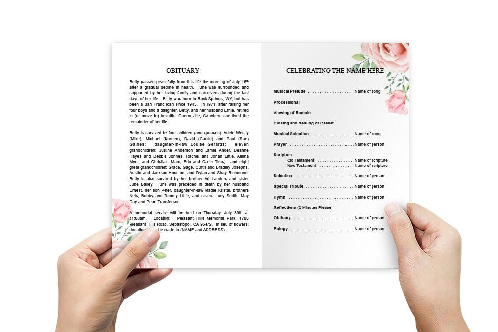 Blush Watercolor Funeral Program Template.