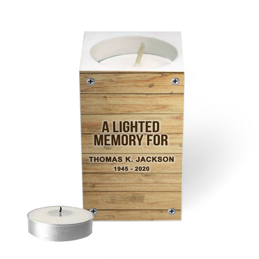 Faux Wood Personalized Mini Memorial Tea Light Holder.