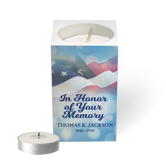 US Flag Personalized Mini Tea Light Memorial Candle & Holder.