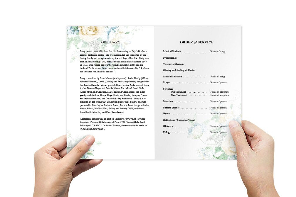 White Blossoms Watercolor Funeral Program Template.