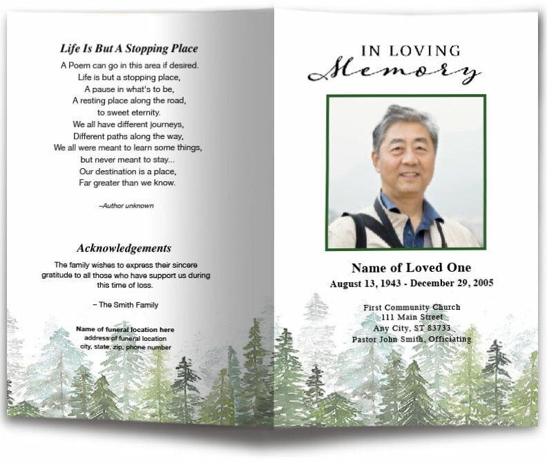 Trees Watercolor Funeral Program Template | Funeral Programs – Funeral ...