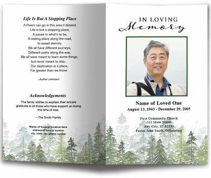 Trees Watercolor Funeral Program Template.