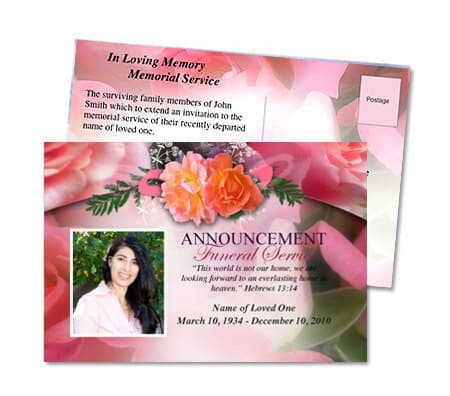 Rosy Funeral Announcement Postcard Template.