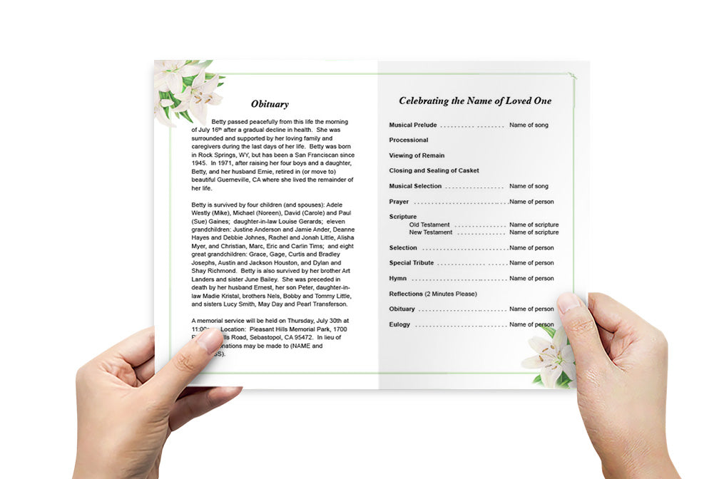 White Lilies Funeral Program Template.