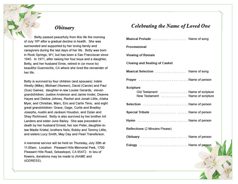 White Lilies Funeral Program Template.