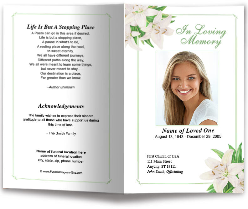 White Lilies Funeral Program Template.