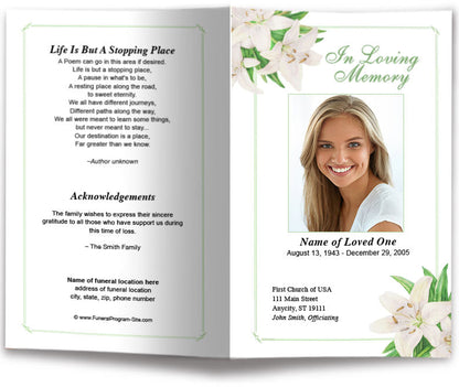 White Lilies Funeral Program Template.